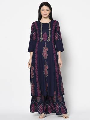 Rayon block print a-line flared long kurta with two front slits,navy blue,(s,m,l,xl,2xl,3xl) 1