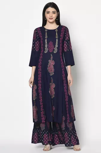 Rayon block print a-line flared long kurta with two front slits,navy blue,(s,m,l,xl,2xl,3xl)