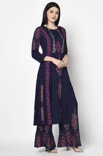 Rayon block print a-line flared long kurta with two front slits,navy blue,(s,m,l,xl,2xl,3xl)