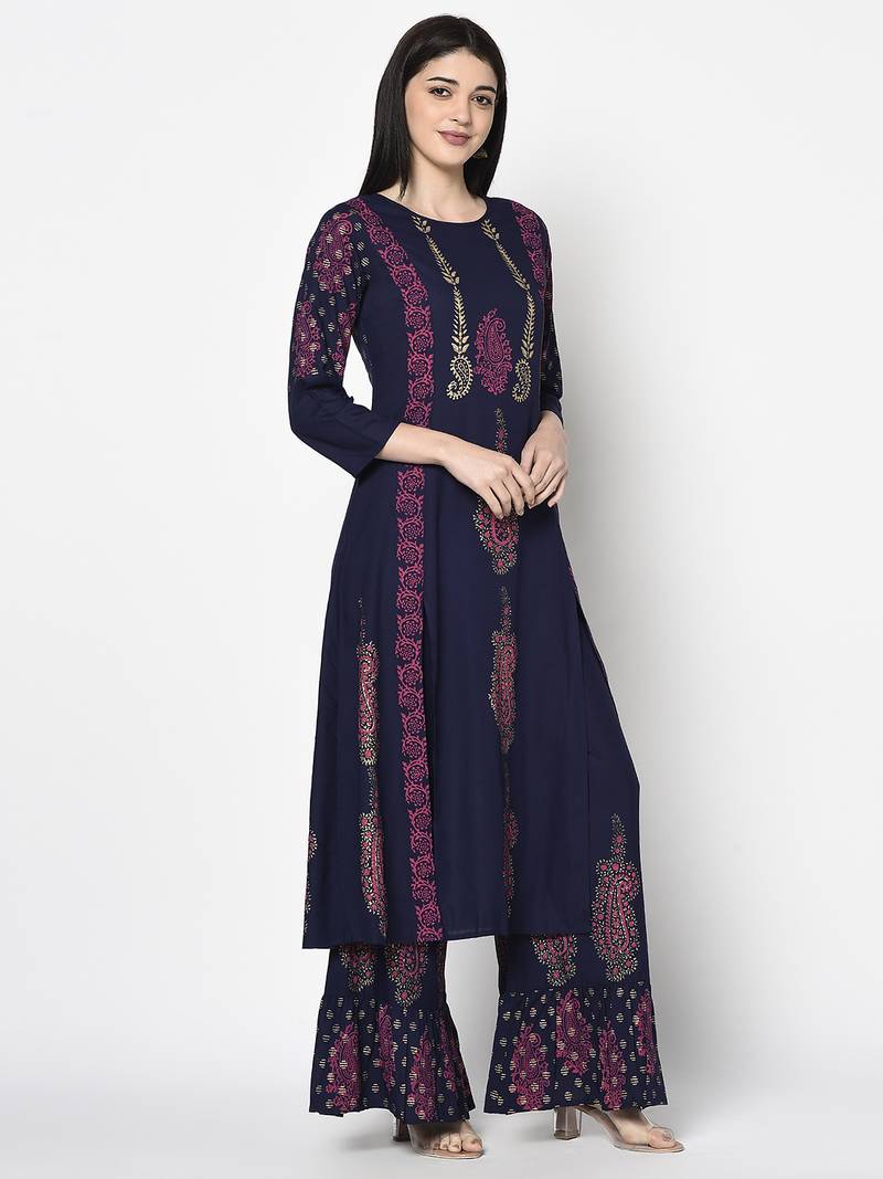 Rayon block print a-line flared long kurta with two front slits,navy blue,(s,m,l,xl,2xl,3xl)