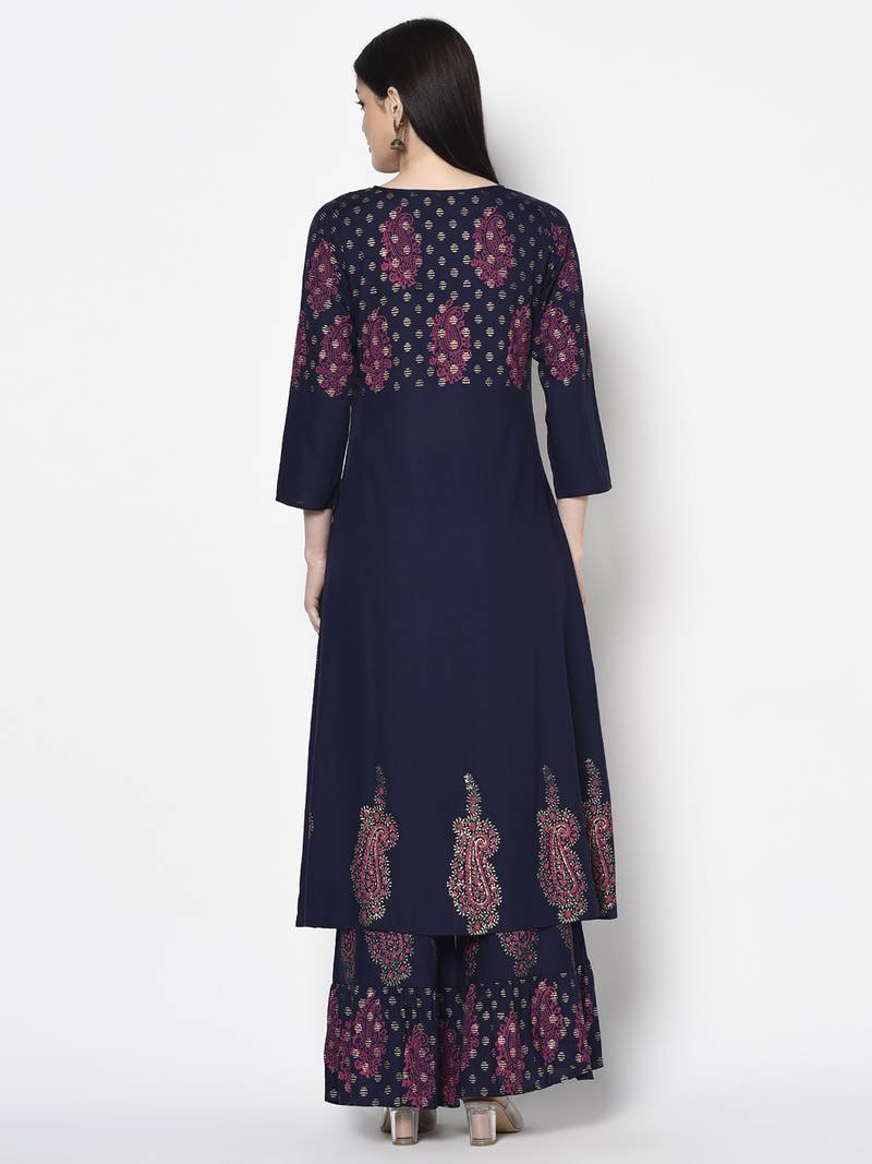 Rayon block print a-line flared long kurta with two front slits,navy blue,(s,m,l,xl,2xl,3xl)