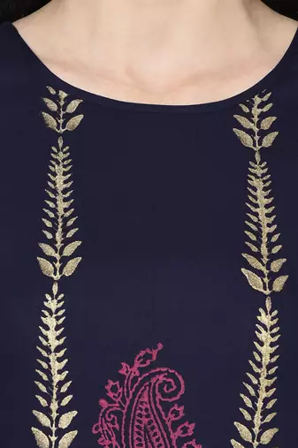 Rayon block print a-line flared long kurta with two front slits,navy blue,(s,m,l,xl,2xl,3xl)