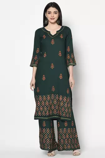 Rayon block print straight kurta palazzo set,bottle green,(s,m,l,xl,2xl,3xl)