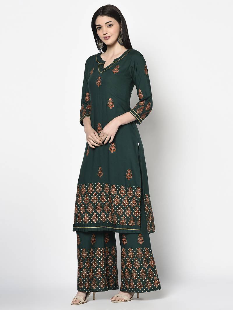 Rayon block print straight kurta palazzo set,bottle green,(s,m,l,xl,2xl,3xl)