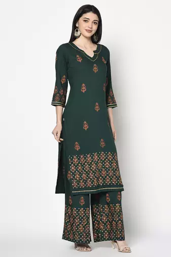 Rayon block print straight kurta palazzo set,bottle green,(s,m,l,xl,2xl,3xl)