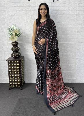 Black Color Mirror Work Satin Saree 1