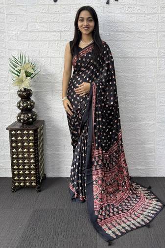 Black Color Mirror Work Satin Saree