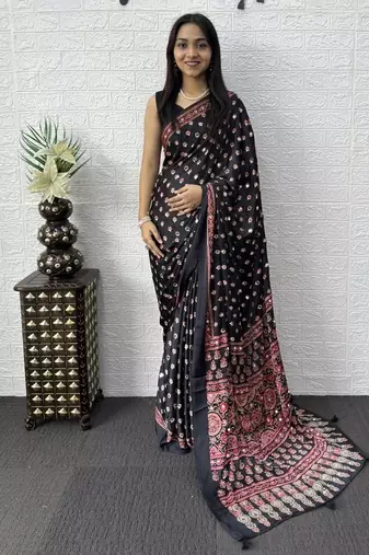 Black Color Mirror Work Satin Saree
