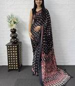 Black Color Mirror Work Satin Saree
