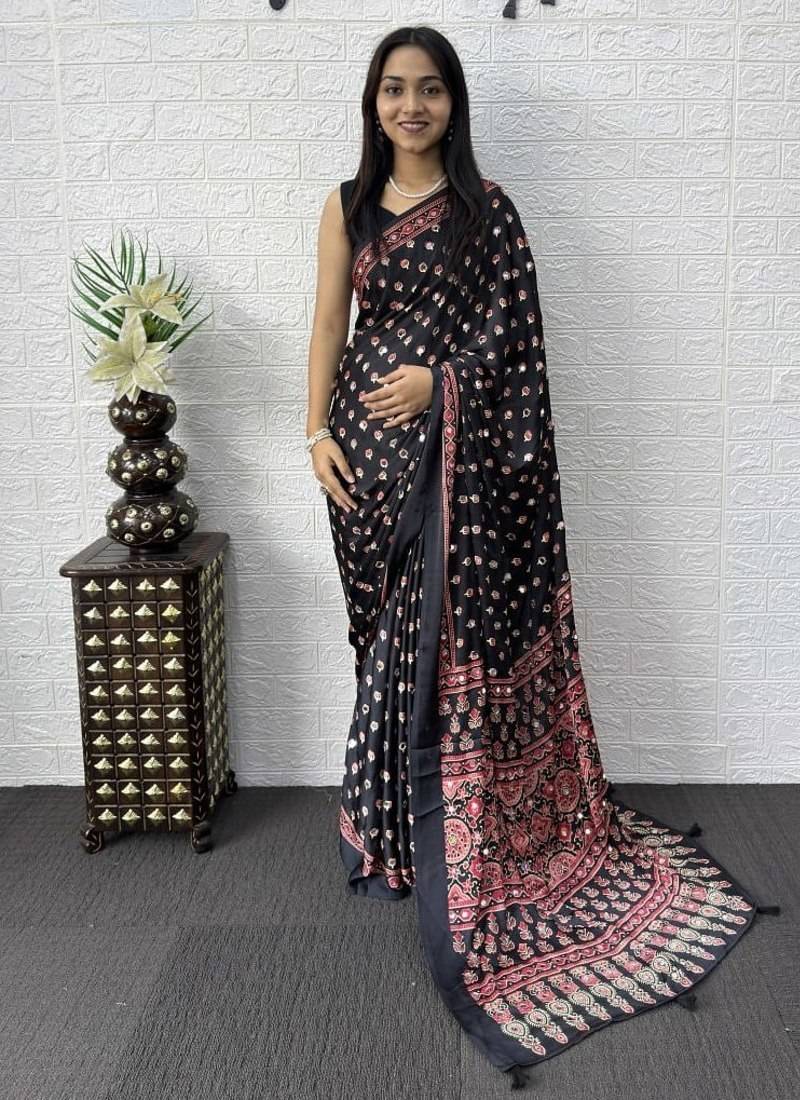 Black Color Mirror Work Satin Saree