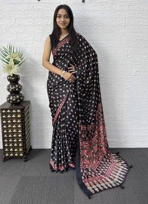 Black Color Mirror Work Satin Saree 2