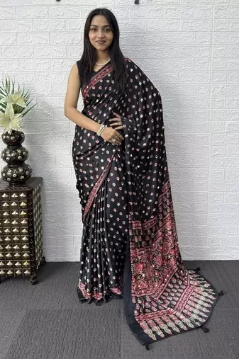 Black Color Mirror Work Satin Saree