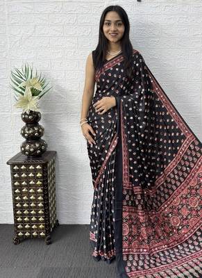Black Color Mirror Work Satin Saree 3