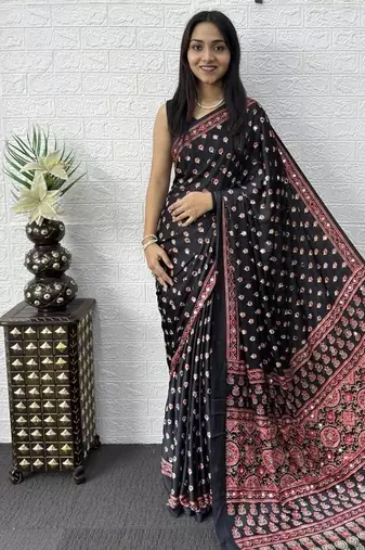 Black Color Mirror Work Satin Saree