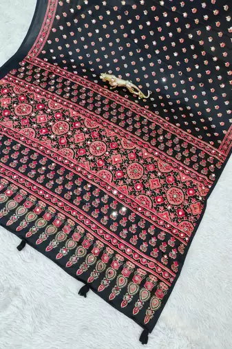 Black Color Mirror Work Satin Saree
