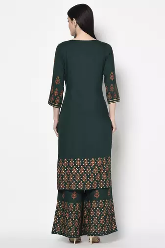 Rayon block print straight kurta palazzo set,bottle green,(s,m,l,xl,2xl,3xl)