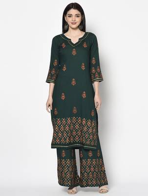 rayon block print straight kurta,bottle green,(s,m,l,xl,2xl,3xl) 1