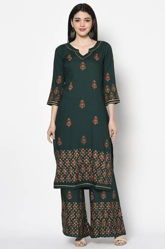rayon block print straight kurta bottle green