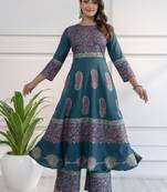 Rayon block print anarkali palazzo set,teal blue,(s,m,l,xl,2xl,3xl)