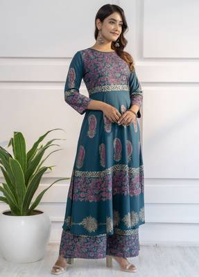 Rayon block print anarkali palazzo set,teal blue,(s,m,l,xl,2xl,3xl) 2