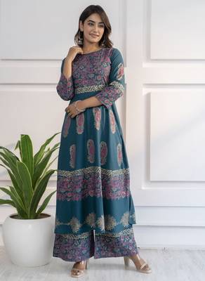 Rayon block print anarkali palazzo set,teal blue,(s,m,l,xl,2xl,3xl) 3