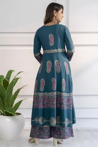 Rayon block print anarkali palazzo set,teal blue,(s,m,l,xl,2xl,3xl)