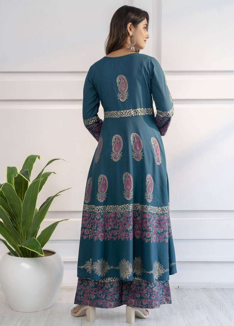 Rayon block print anarkali palazzo set,teal blue,(s,m,l,xl,2xl,3xl)