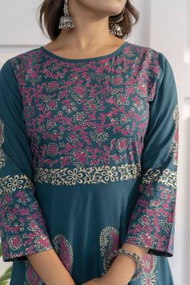 Rayon block print anarkali palazzo set,teal blue,(s,m,l,xl,2xl,3xl) 5