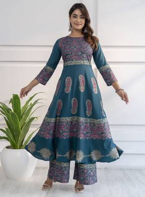 Rayon block print anarkali kurta,teal blue,(s,m,l,xl,2xl,3xl) 1