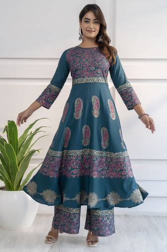 Rayon block print anarkali kurta teal blue