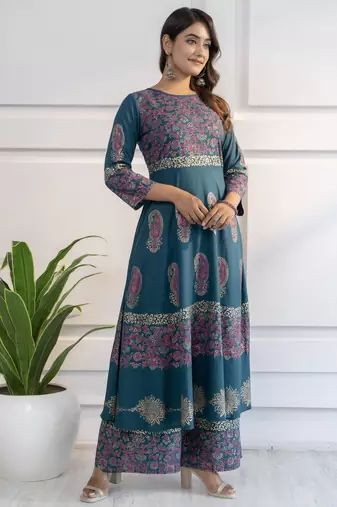 Rayon block print anarkali kurta,teal blue,(s,m,l,xl,2xl,3xl)