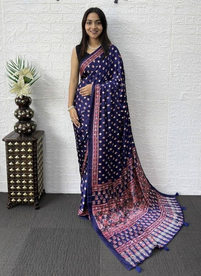 Purple Color Mirror Work Satin Saree