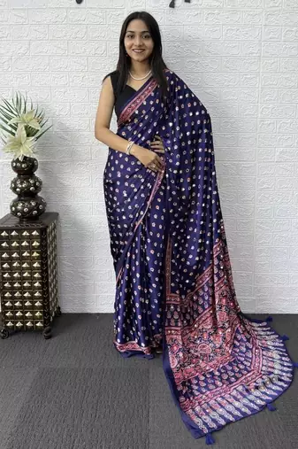 Purple Color Mirror Work Satin Saree