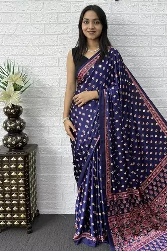 Purple Color Mirror Work Satin Saree