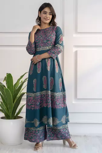 Rayon block print anarkali kurta,teal blue,(s,m,l,xl,2xl,3xl)