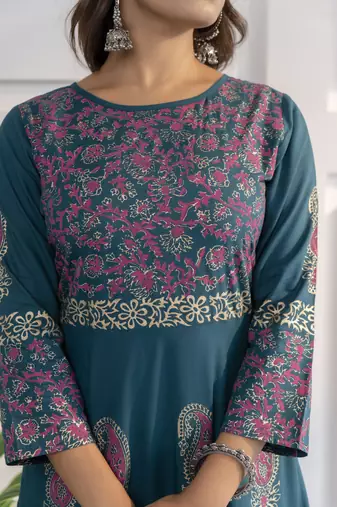Rayon block print anarkali kurta,teal blue,(s,m,l,xl,2xl,3xl)