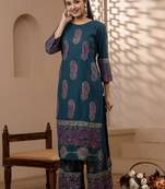 Rayon block print straight kurta palazzo set,teal blue,(s,m,l,xl,2xl,3xl)