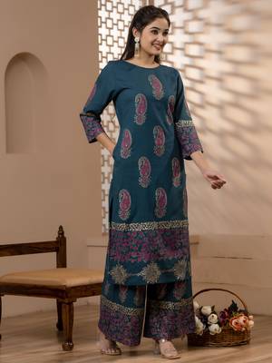 Rayon block print straight kurta palazzo set,teal blue,(s,m,l,xl,2xl,3xl) 2