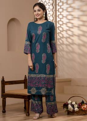Rayon block print straight kurta palazzo set,teal blue,(s,m,l,xl,2xl,3xl) 3