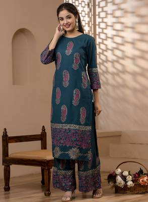 rayon block print straight kurta,teal blue,(s,m,l,xl,2xl,3xl) 1