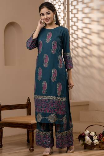 rayon block print straight kurta teal blue