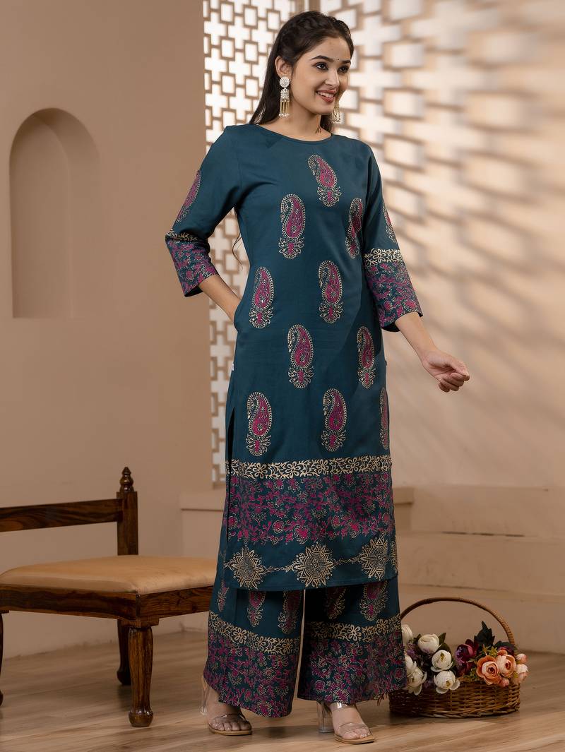 rayon block print straight kurta,teal blue,(s,m,l,xl,2xl,3xl)