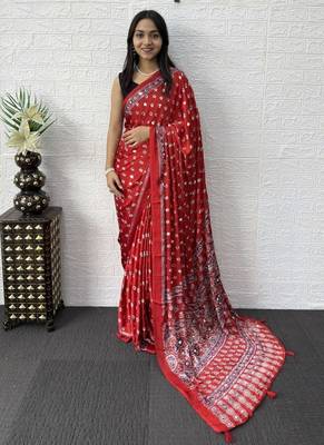 Red Color Mirror Work Satin Saree 1