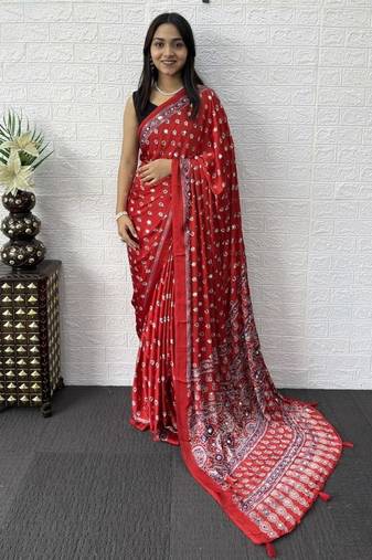 Red Color Mirror Work Satin Saree