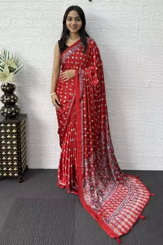 Red Color Mirror Work Satin Saree