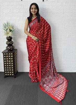 Red Color Mirror Work Satin Saree 2