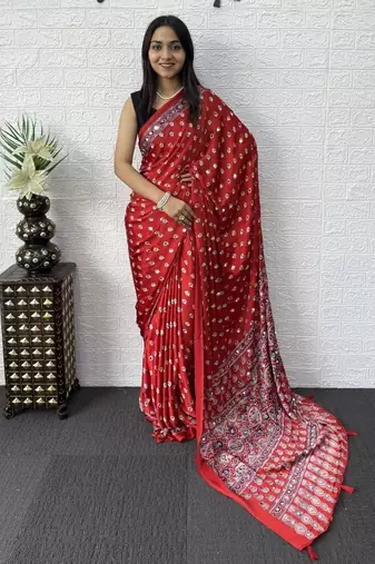 Red Color Mirror Work Satin Saree