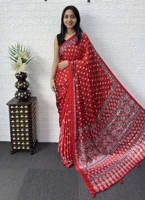 Red Color Mirror Work Satin Saree 3