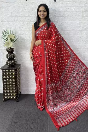 Red Color Mirror Work Satin Saree