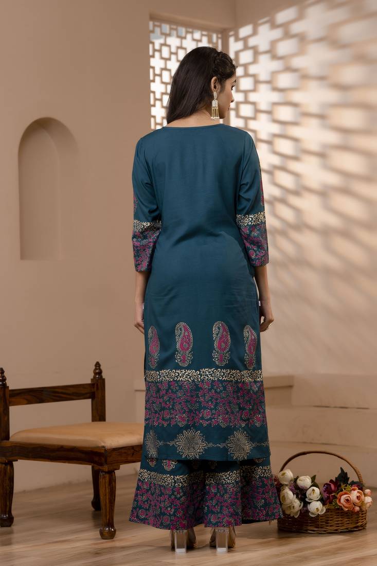 rayon block print straight kurta,teal blue,(s,m,l,xl,2xl,3xl)